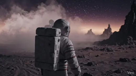 Frame de vídeo cinematográfico de astronauta gerado por IA