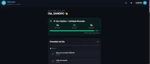 Dashboard de treino do OlympIA com objetivo, progresso e checklist